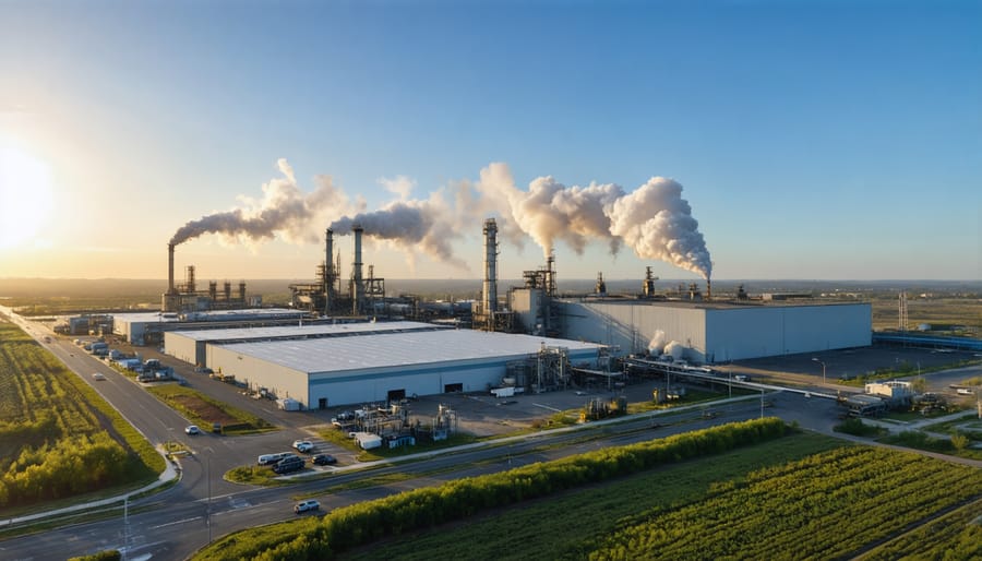 Industrial CBD production facility releasing emissions into the atmosphere