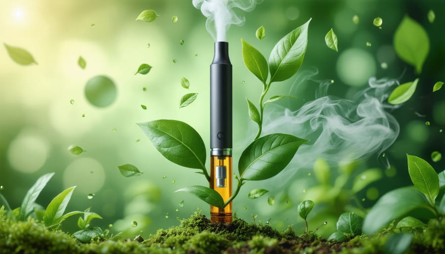 Illustration of a vape pen transforming into a green plant with sustainable elements like leaves and recycling symbols, representing eco-friendly vaping practices.