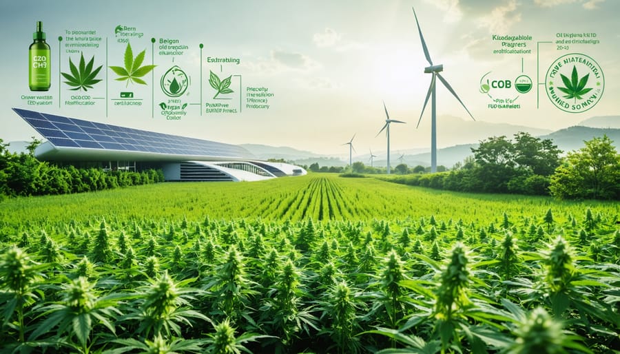 Conceptual image illustrating the integration of sustainable practices in CBD gummy production, featuring a green hemp field, solar-powered facilities, and biodegradable packaging.