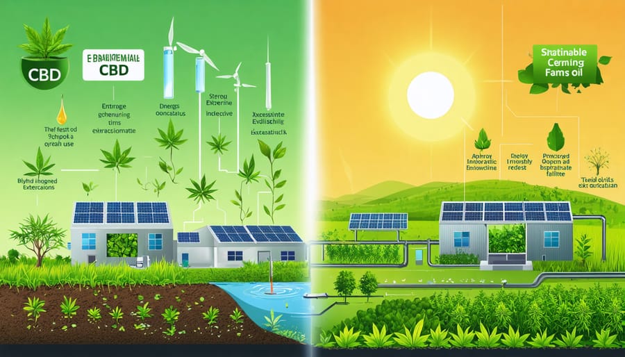 Conceptual illustration of CBD oil production's environmental impact and sustainable solutions, contrasting traditional farming and processing methods with eco-friendly practices.