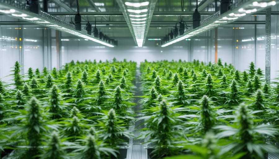 Modern indoor cannabis grow room with energy-efficient LED lighting systems and environmental controls