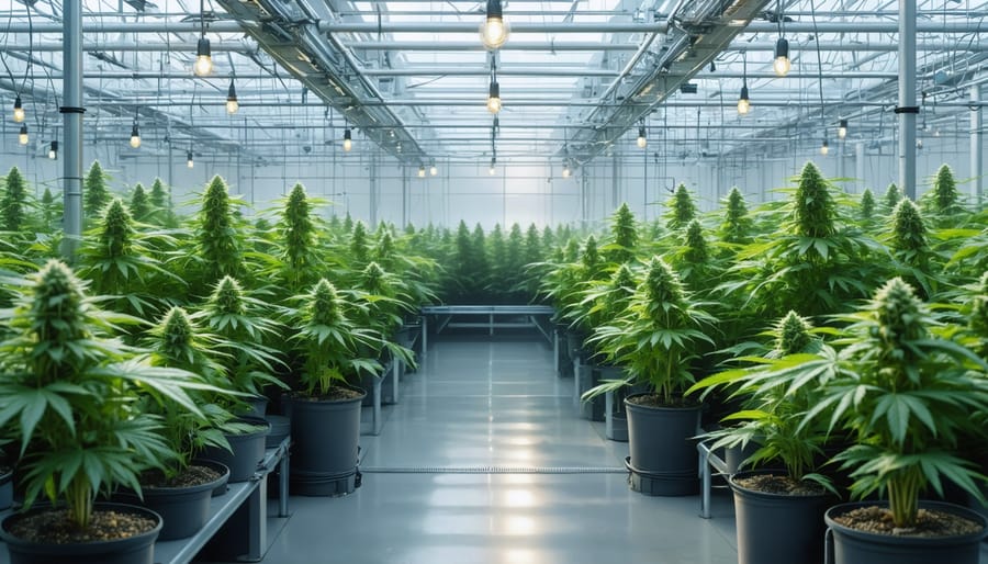 Illustration depicting an indoor cannabis cultivation facility with energy-efficient LED lighting and solar panels, highlighting eco-friendly practices like water efficient drip irrigation systems with an overlay of a healthy ecosystem surrounding the facility.