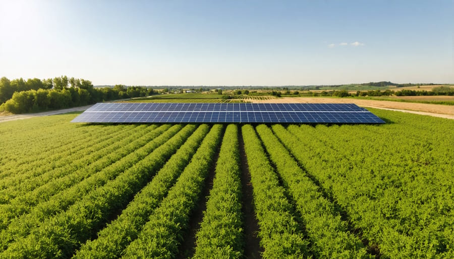 Sustainable hemp cultivation field showing modern irrigation and renewable energy integration